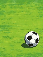 Cartoon of a black and white Soccer Ball on a green Pitch. Football Illustration with Copy Space