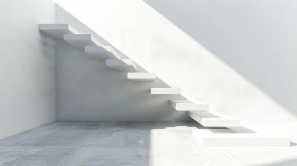 Abstract artistic staircase with collapsing steps, torn banknotes falling down, isolated on white background, copy space