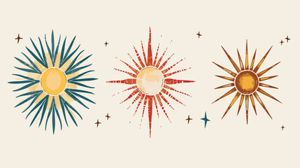 Four of hand drawn sunburst in retro style. Vector illustration