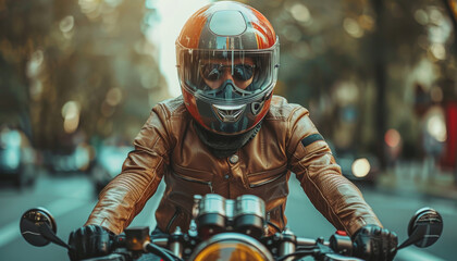 Fototapeta premium A man wearing a leather jacket and helmet is riding a motorcycle down a road by AI generated image