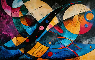 Fototapeta premium Abstract colorful geometric painting with dynamic shapes and vibrant colors, creating a visually striking and energetic composition.
