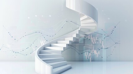 Obraz premium Spiral staircase with steps rising higher, upward financial graph in the background, isolated on white background, copy space