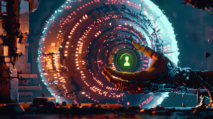A cyborg with a pixelated face and glowing cybernetic eye stands out in a detailed cyberpunk scene within a futuristic, neon-lit setting.
