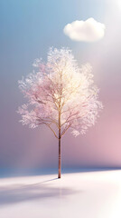 Obraz premium Blooming trees against a soft blue backdrop in a gentle sunrise.