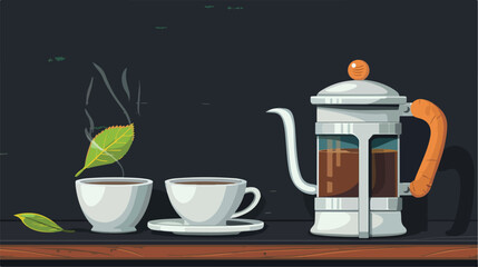 French press cup and tea leaf on chalkboard Cartoon vector