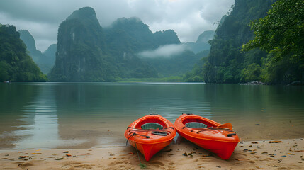 canoe on the lake, Scenic view of sea by mountains against sky
