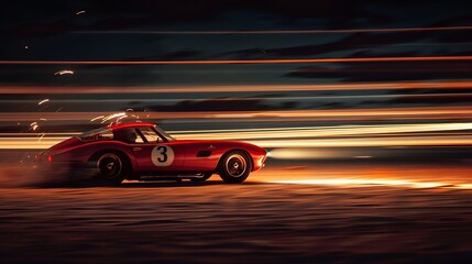 A sports car driving at full speed in a salt desert streaks of light long exposure motion blur close-up low angle.