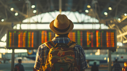 Obraz premium Traveler Checking Flight Information at Airport 