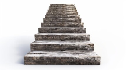 Wooden stairs with collapsing steps, ominous shadows cast over them, isolated on white background, perspective view