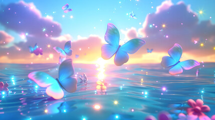 Iridescent wings of vibrant butterflies flutter gracefully over a shimmering water surface, creating a magical scene at sunset.