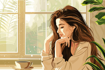 Serene Woman Enjoying Morning Coffee by the Window