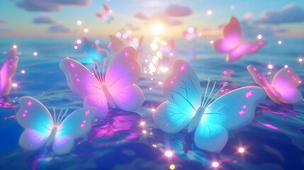 As the sun sets, vibrant butterflies with iridescent wings dance over the water, casting a mesmerizing glow.