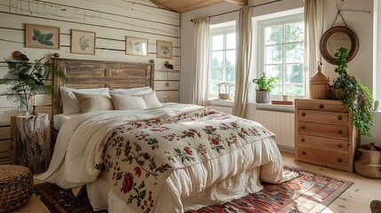 A hyper-realistic farmhouse chic bedroom, shiplap walls painted white, vintage quilt with floral patterns, reclaimed barn wood bed, rustic wooden dresser, large windows with sheer curtains.