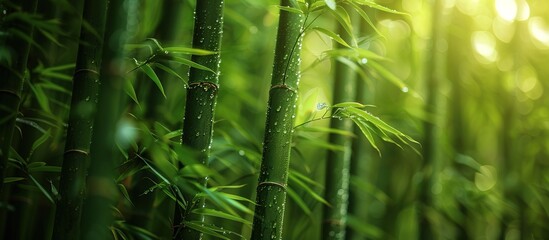 Bamboo forest with green leaves and a dark wood grain texture of bamboo stalks. The sunlight shines through the branches onto lush foliage. 