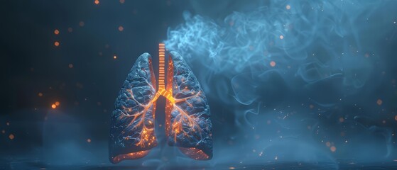 A blank podium showcasing a 3D model of human lungs with glowing veins and inflamed areas The podium is set against a smoky