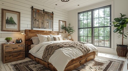 A hyper-realistic farmhouse chic bedroom, white shiplap walls, antique quilt on a repurposed barn wood bed frame, rustic wooden nightstands, large windows with natural light.