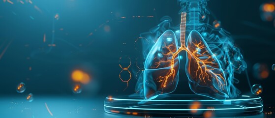 A blank podium showcasing a 3D model of human lungs with glowing veins and inflamed areas The podium is set against a smoky
