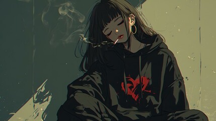 Anime girl sitting on the floor. She is smoking a cigarette.