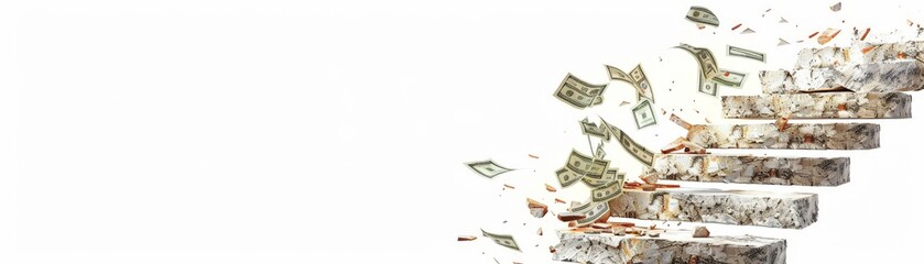 Abstract artistic staircase with collapsing steps, torn banknotes falling down, isolated on white background, copy space