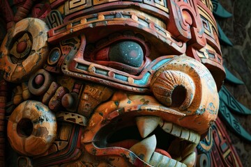 Obraz premium Closeup of a vibrantly painted mayan totem pole with traditional patterns and symbols