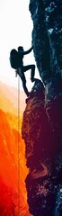 Obraz premium Man mountain climbing in rugged terrain close up, focus on, copy space vibrant colors Double exposure silhouette with rocky landscapes