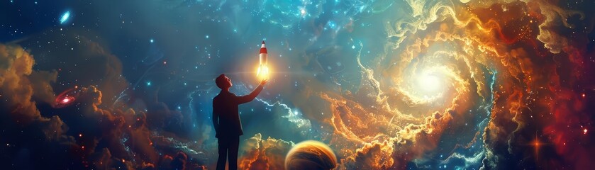 A creative depiction of a businessman with a glowing rocket launching from his hands
