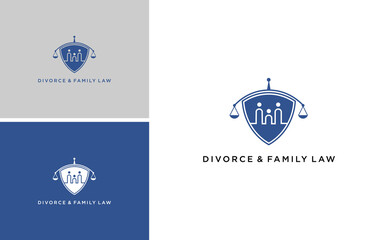 divorce law firm logo. luxury shield scale justice vector template