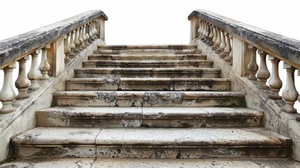 Vintage stone staircase with rising steps, a person walking up, isolated on white background, clear...