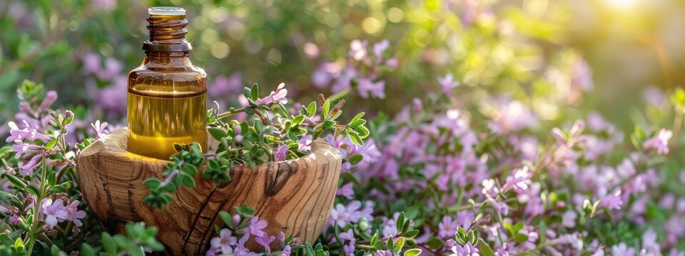 cumin essential oil and mortar. Selective focus