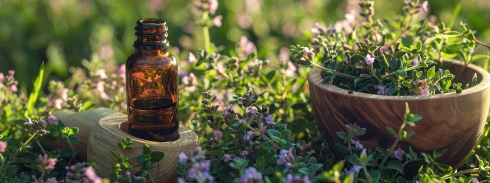 cumin essential oil and mortar. Selective focus