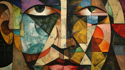 painting of a woman's face. Her face is made up of many small triangles in bright colors