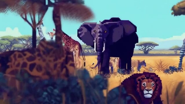 An animation showcasing a safari adventure in Africa, with pixel art of animals like lions, elephants, and giraffes, along with the savannah landscape.