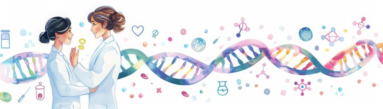 A Cute Watercolor Clipart Of A Doctor In A White Coat Interacting With A Simplified, Glowing DNA Strand And Basic Medical Symbols, Set Against A Plain White Background