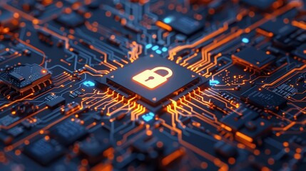 A detailed digital image of a circuit board with a central microchip featuring a glowing lock icon