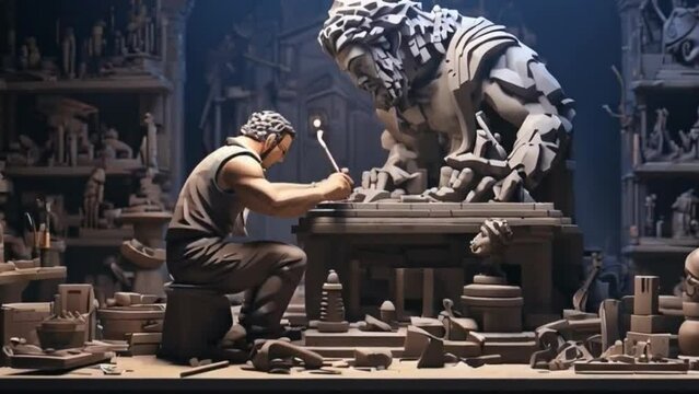 An animation showcasing a sculptor chiseling a statue, with detailed pixel art of the sculpting tools, the emerging statue, and the artist's workshop