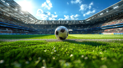 A soccer ball in the middle of the empty field inside a stadium on a sunny day