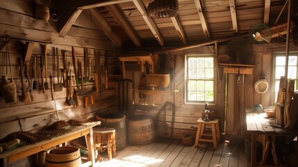 Obraz premium A quaint beekeeping shack, filled with traditional tools, is naturally lit, creating a warm, serene ambiance.