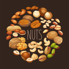 Different nuts types in round frame with lettering isolated on brown background.
