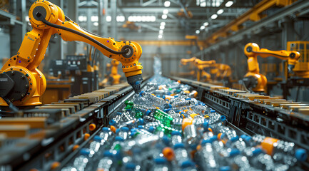 A robotic arm is picking up plastic bottles from the floor of an industrial plant, surrounded by other robots and machines working on different stages in the recycling process