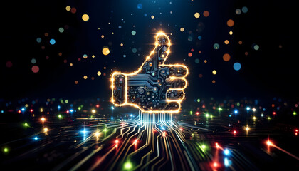 a glowing thumbs-up symbol made of electronic circuit board patterns. The background is dark with vibrant, colorful bokeh lights, creating a futuristic and energetic atmosphere.