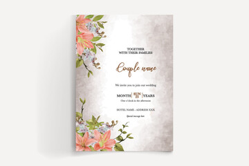 WEDDING INVITATION FRAME WITH FLOWER DECORATIONS AND FRESH LEAVES 