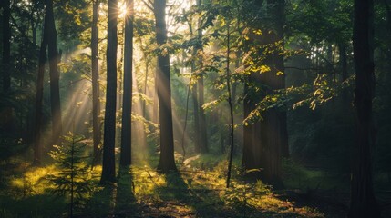 Obraz premium A calming scene of a forest with sunbeams filtering through the trees, creating dappled light and shadows, serene and natural --ar 16:9 --style raw Job ID: 161852f6-353f-479c-9ebb-25bb073845d3