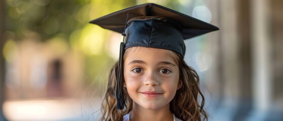 A young girl in a graduation cap smiling proudly, symbolizing academic achievement, success, and future potential.