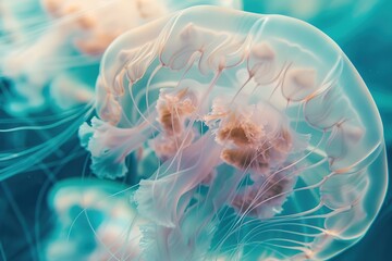 Ethereal jellyfish floating in a tranquil blue sea.