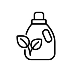 Plastic bottle of liquid detergent with leaves outline icon. Biodegradable package symbol. Isolated vector illustration 