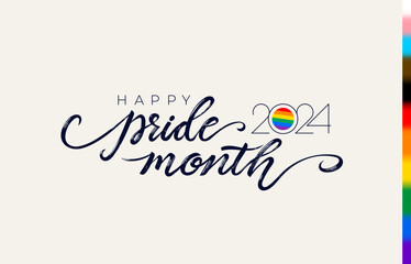Hand written 2024 pride lettering with rainbow. LGBT rights symbol. Poster, placard, cards design. Gay parade slogan. Flags are made by hand with a dry brush on canvas. Vector illustration.