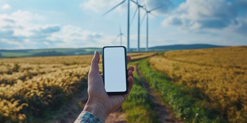 Hand holding a smartphone with a blank white screen in a field with wind turbines in the background