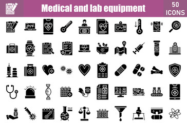 Set of 50 Medical and Lab Equipment glyph icons set. Workshop outline icons with editable stroke collection. Include Case, Case Stusies, Bacteria, Blood Donation, Blood Test, Medical Test, Broken Bone