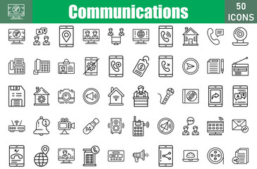 Set of 50 Communications line icons set. Workshop outline icons with editable stroke collection. Include agreement, no wifi, language, location, team, connectivity, internet, home, 