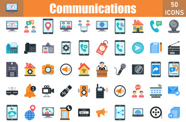 Set of 50 Communications flat icons set. Workshop outline icons with editable stroke collection. Include agreement, no wifi, language, location, team, connectivity, internet, home, 